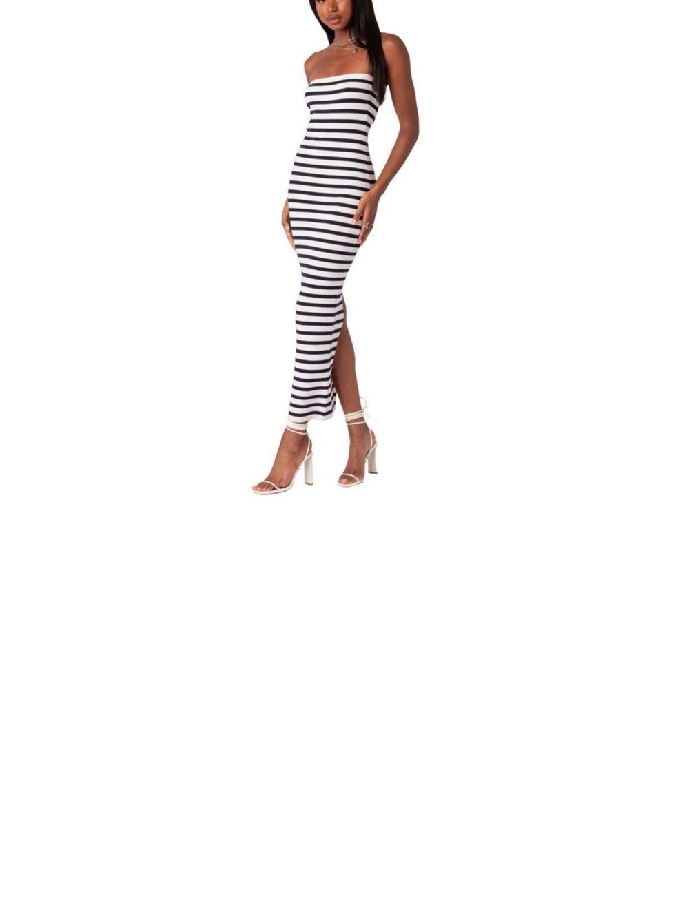 Edikted Navy and White Strapless Striped Maxi Skirt